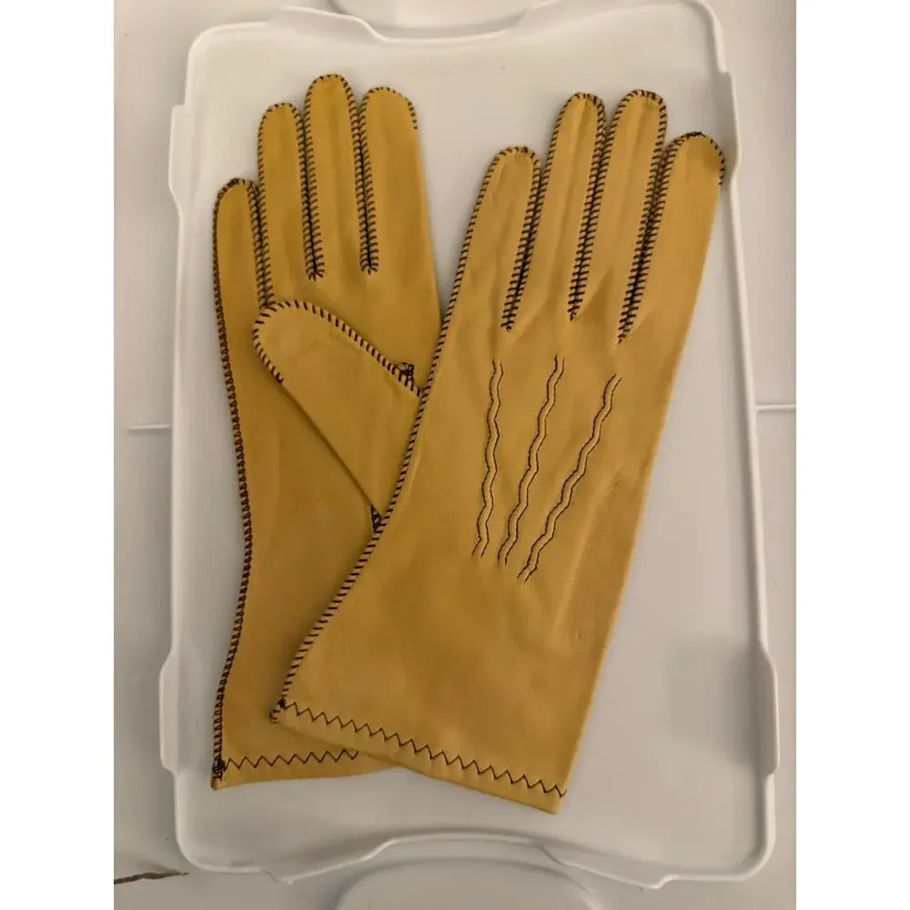 VTG Deadstock New Deerskin Tan Whipstitch Leather Gloves Table Cut 8